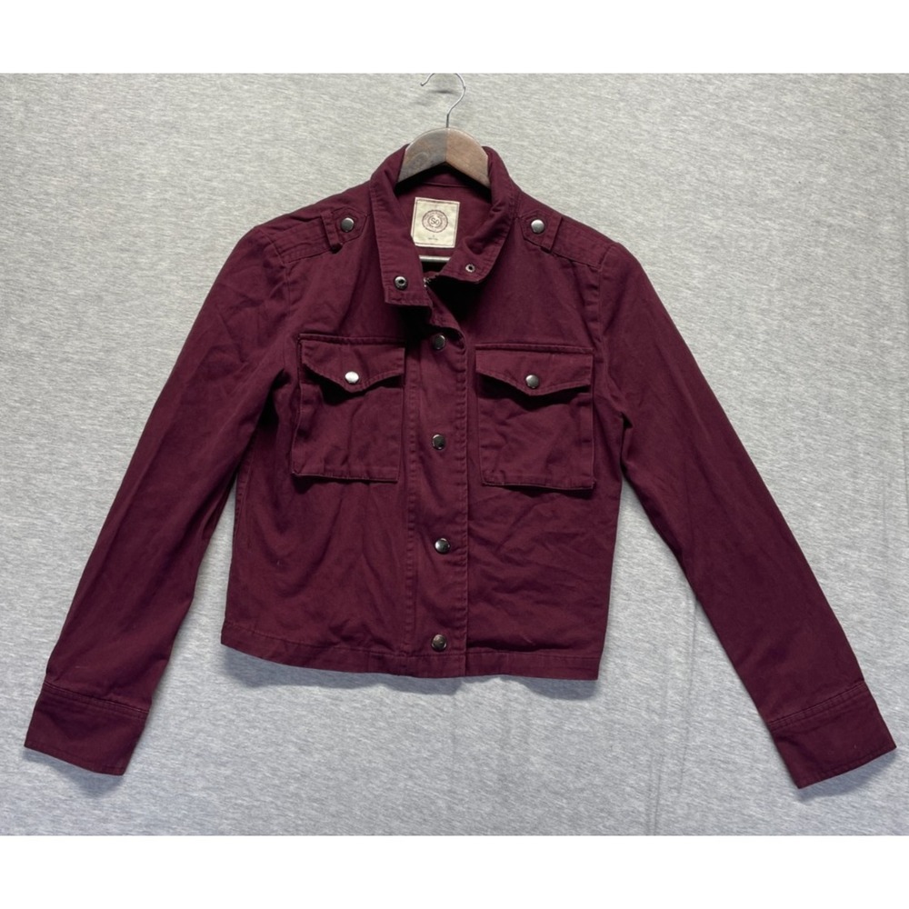 SO Utility Jacket Womens Small Burgundy Cotton Shoulder Epaulets Full Zip Casual